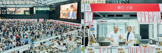 022年4月新宿住友ビル三角広場で2日間にわたって開催したdancyu祭。美味しい料理と酒を求める食いしん坊たち約1万8000人を集めた(左)。人気飲食店や地方の特色のある食産品など44のブースが旨さと楽しさを競った(右)。